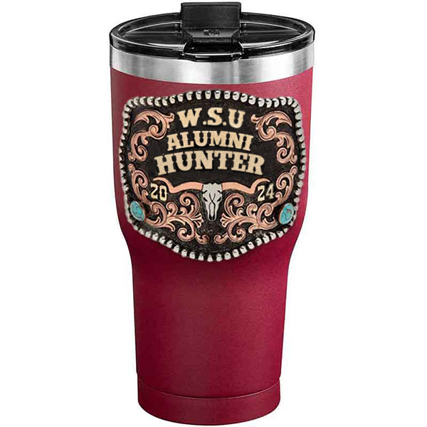 A customized tumbler made of stainless steel with a personalized engraved initials and Alumni Hunter lettering, 30 oz, ideal for coffee or cool drinks